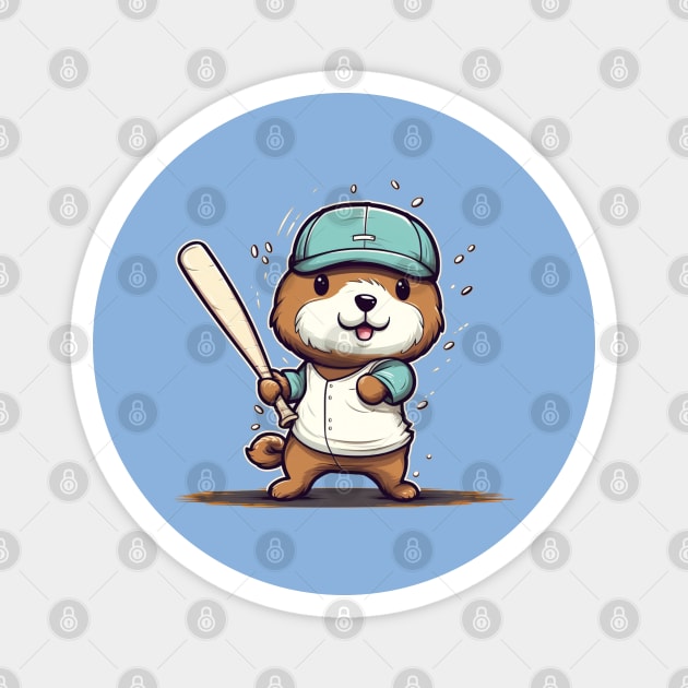 Cute Sea Otter playing baseball Magnet by MilkyBerry